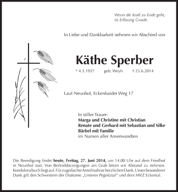 Traueranzeige von Kaethe Sperber von Pegnitz-Zeitung
